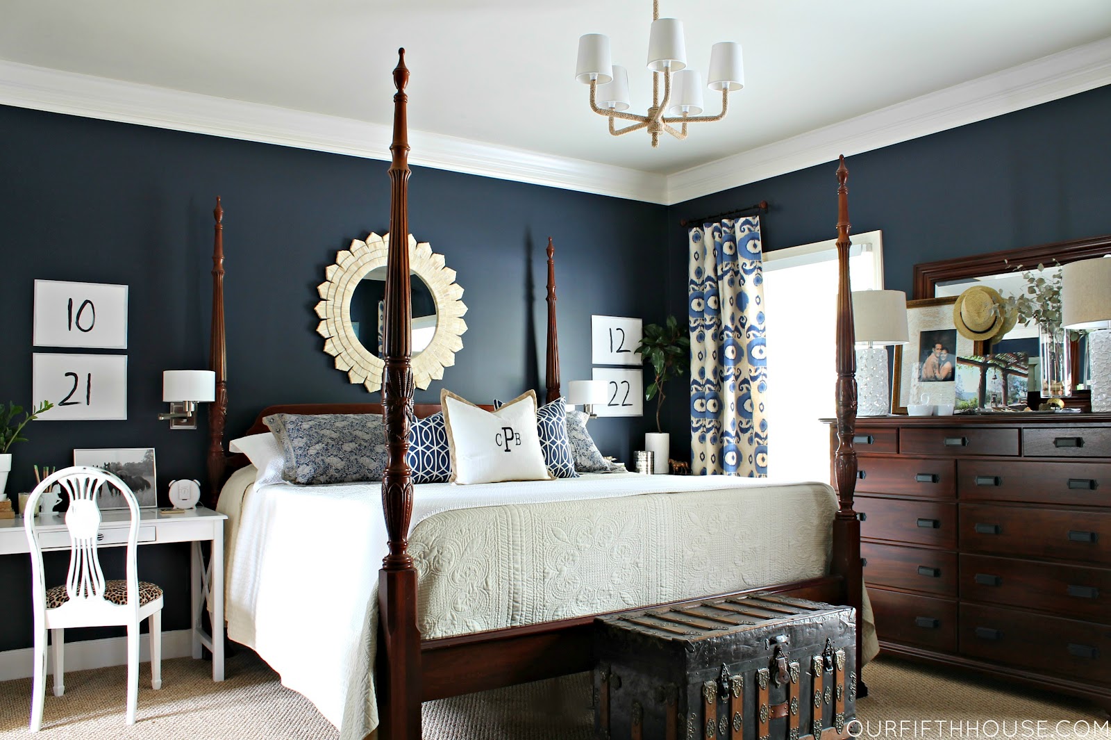 navy blue bedroom with brown furniture